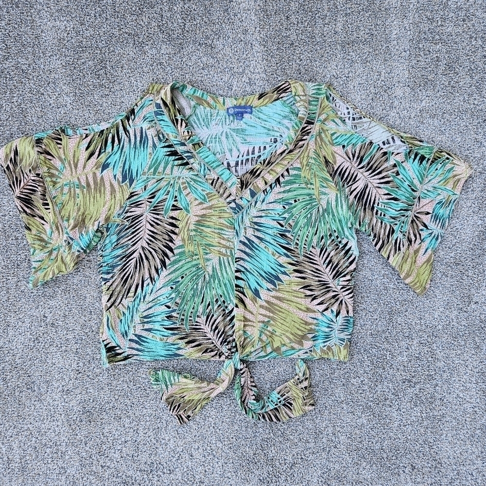 Democracy Tropical Palm Knotted Blouse V-Neck Cut Out Flared Sleeve Size Small